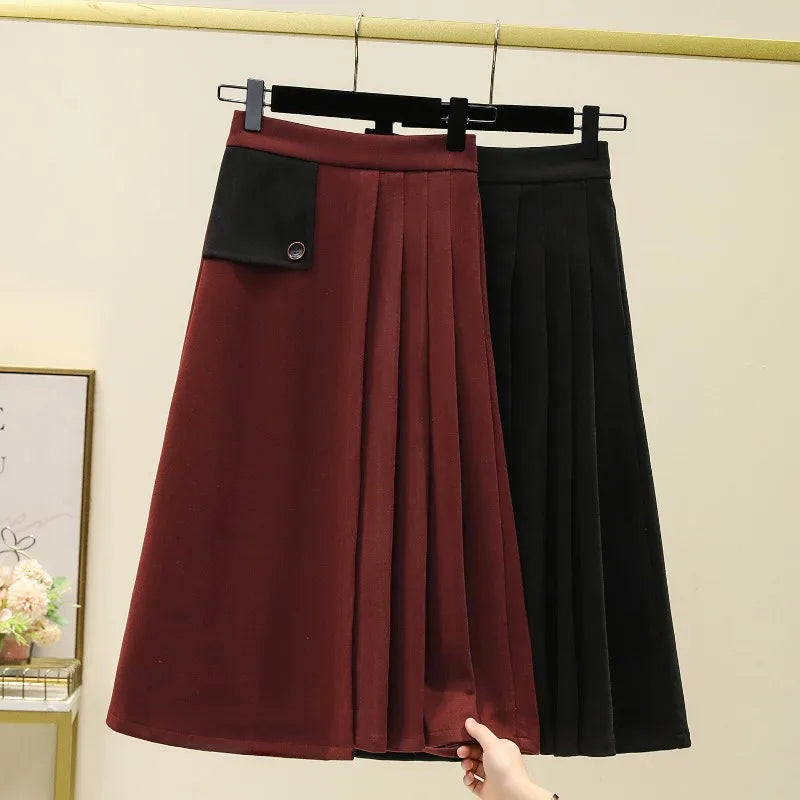 Casual cintura alta solta assimétrica longa a linha saia plissada moda coreana streetwear básico outono inverno roupas tamanhos grandes