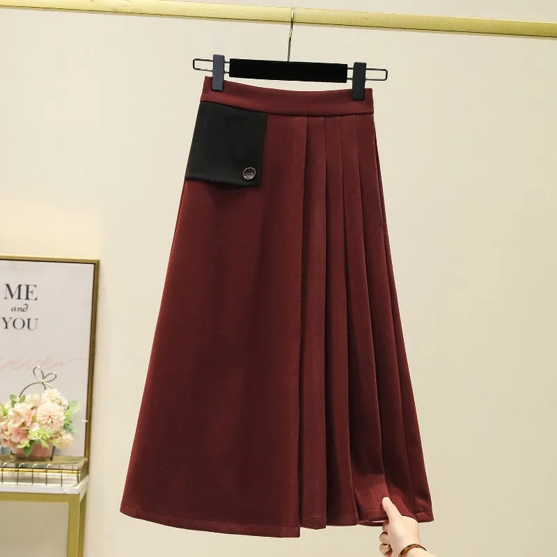 Casual cintura alta solta assimétrica longa a linha saia plissada moda coreana streetwear básico outono inverno roupas tamanhos grandes