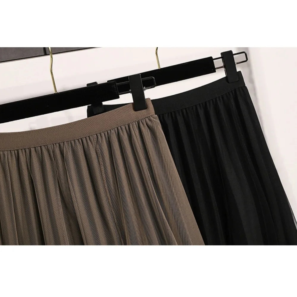 Casual High Waist Loose Knitted Long A-line Pleated Skirt Korean Fashion Streetwear Chic Basic Autumn Winter Plus Size Clothing 