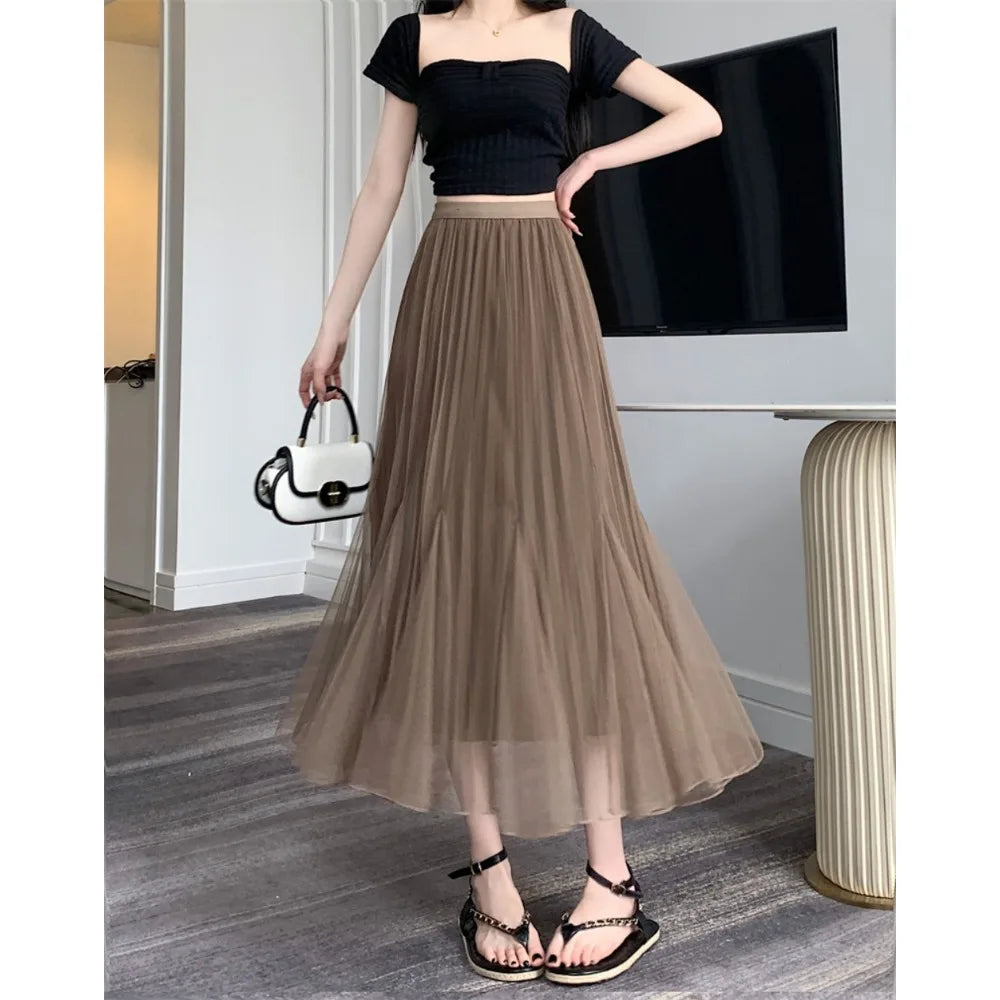 Casual High Waist Loose Knitted Long A-line Pleated Skirt Korean Fashion Streetwear Chic Basic Autumn Winter Plus Size Clothing 