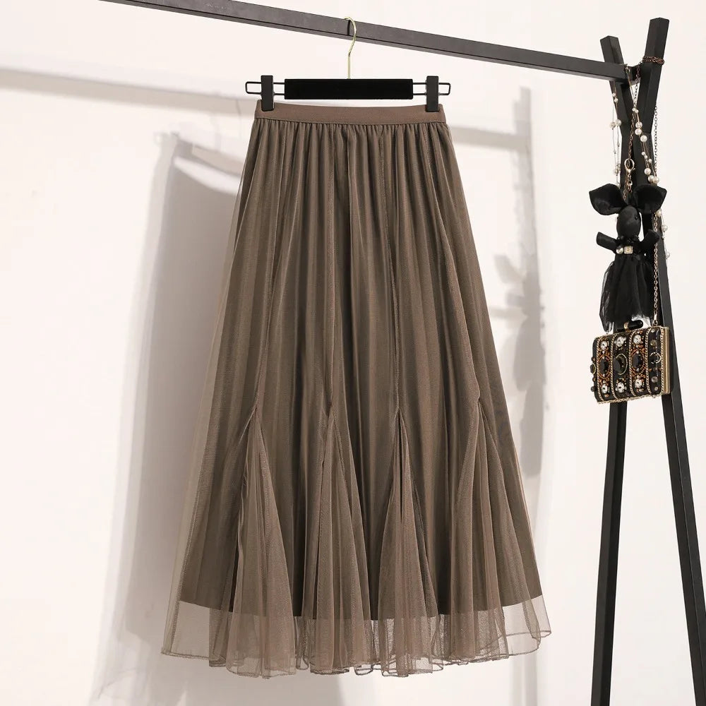 Casual High Waist Loose Knitted Long A-line Pleated Skirt Korean Fashion Streetwear Chic Basic Autumn Winter Plus Size Clothing 