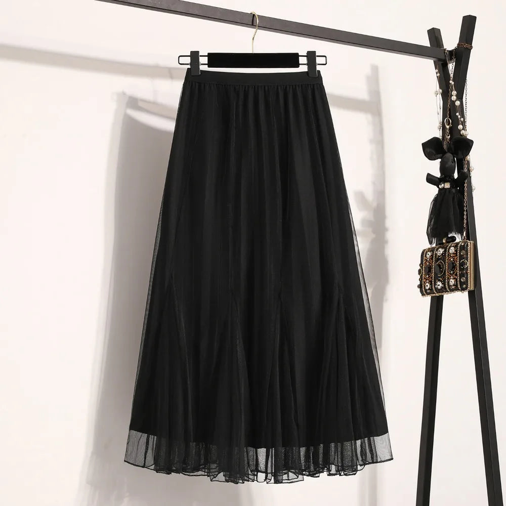 Casual High Waist Loose Knitted Long A-line Pleated Skirt Korean Fashion Streetwear Chic Basic Autumn Winter Plus Size Clothing 