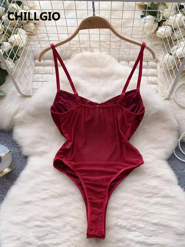 Chilligio Floral Bordado Veludo Strappy Rompers Lingerie, Moda Sexy Vintage Onesie, One Piece Combinação Catsuit para Mulheres