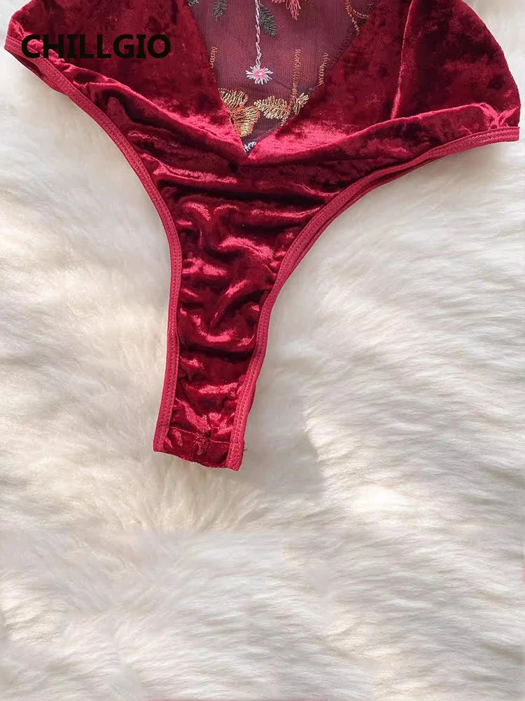 Chilligio Floral Bordado Veludo Strappy Rompers Lingerie, Moda Sexy Vintage Onesie, One Piece Combinação Catsuit para Mulheres