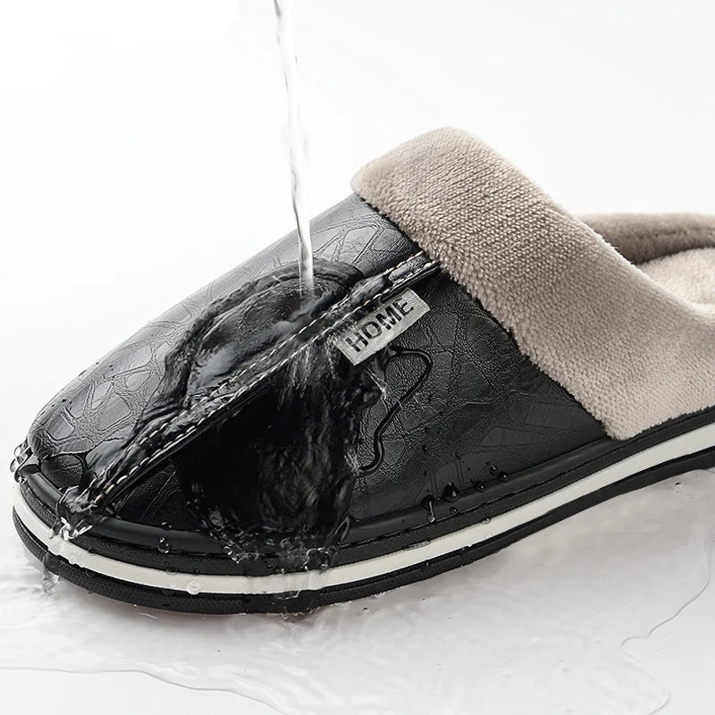 Men's Waterproof Leather Home Slippers Warm Indoor Shoes Thick Bottom Couple Cotton Flat Shoes Home Winter 