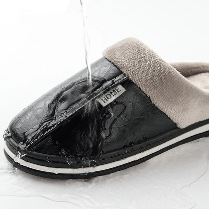 Zapatillas de casa de cuero impermeables para hombre, cálidas, de interior, con suela gruesa, planas de algodón para pareja, para el hogar, para invierno 