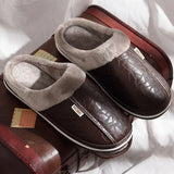 Men's Waterproof Leather Home Slippers Warm Indoor Shoes Thick Bottom Couple Cotton Flat Shoes Home Winter 