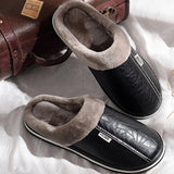 Men's Waterproof Leather Home Slippers Warm Indoor Shoes Thick Bottom Couple Cotton Flat Shoes Home Winter 