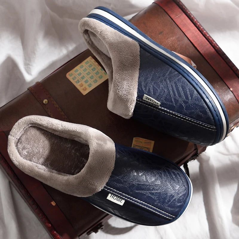 Men's Waterproof Leather Home Slippers Warm Indoor Shoes Thick Bottom Couple Cotton Flat Shoes Home Winter 