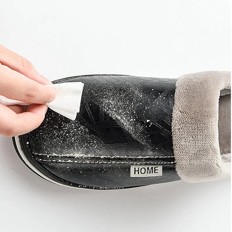 Men's Waterproof Leather Home Slippers Warm Indoor Shoes Thick Bottom Couple Cotton Flat Shoes Home Winter 