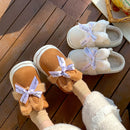 Faux Suede Cotton Slippers For Women Rabbit Bow Warm Thick Sole Princess Style Home Winter New 