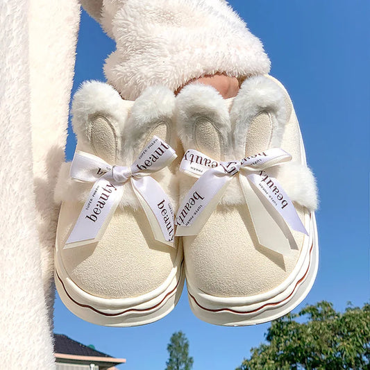 Pantuflas de algodón de gamuza sintética para mujer, con lazo de conejo, cálidas, de suela gruesa, estilo princesa, para el hogar, invierno, nuevas 