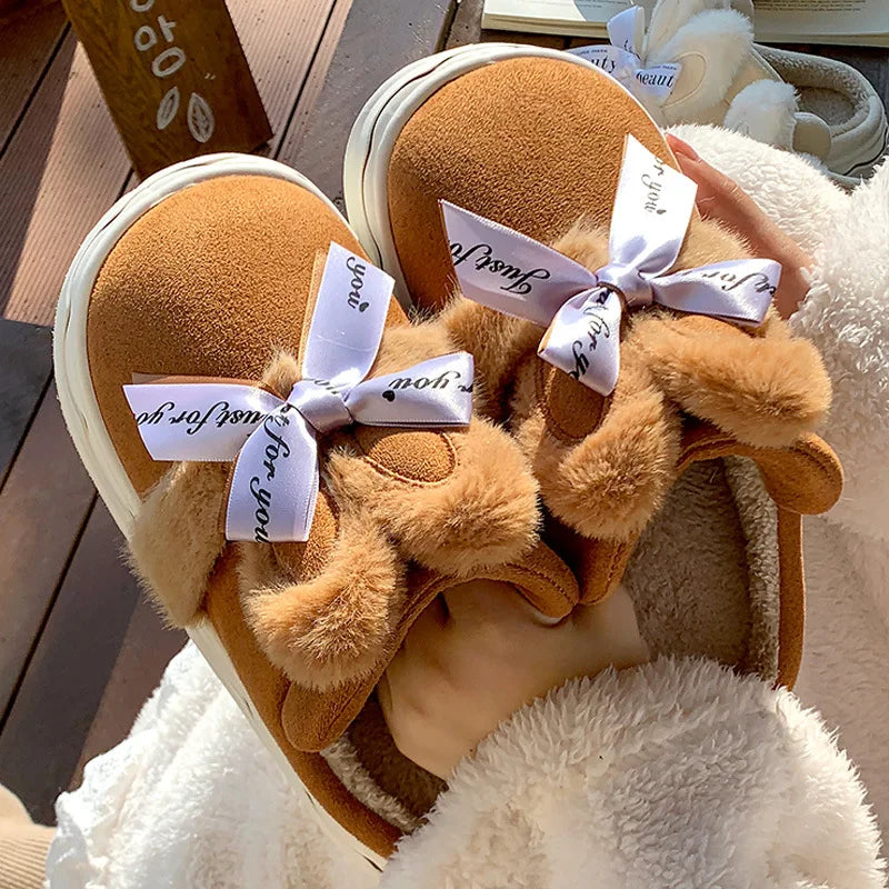 Faux Suede Cotton Slippers For Women Rabbit Bow Warm Thick Sole Princess Style Home Winter New 