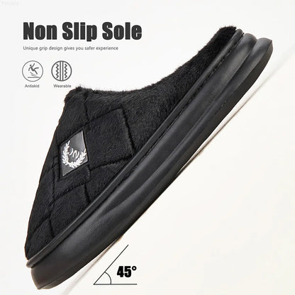 Men's Furry Plaid Home Slippers Cozy EVA Memory Foam Lightweight Casual Shoes Winter Warm Plush Non-slip Slippers Big Size 