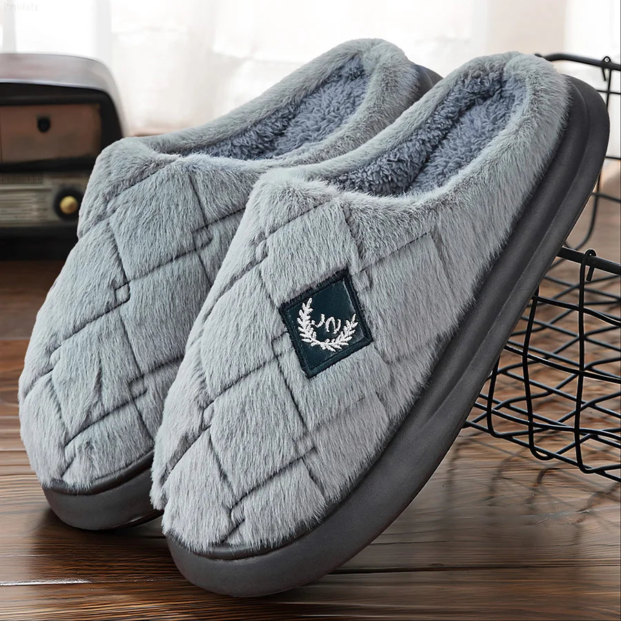 Chinelos de casa masculinos peludos xadrez aconchegante eva memória espuma leve sapatos casuais inverno quente pelúcia antiderrapante chinelos tamanho grande