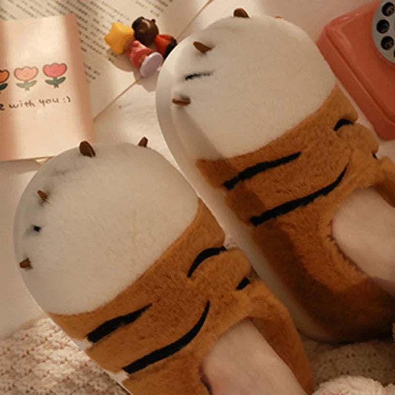 Funny Tiger Paw Plush Slippers for Women Fluffy Fur Flat Non-slip Fuzzy Kawaii Animals Warm Winter Cute Slippers 