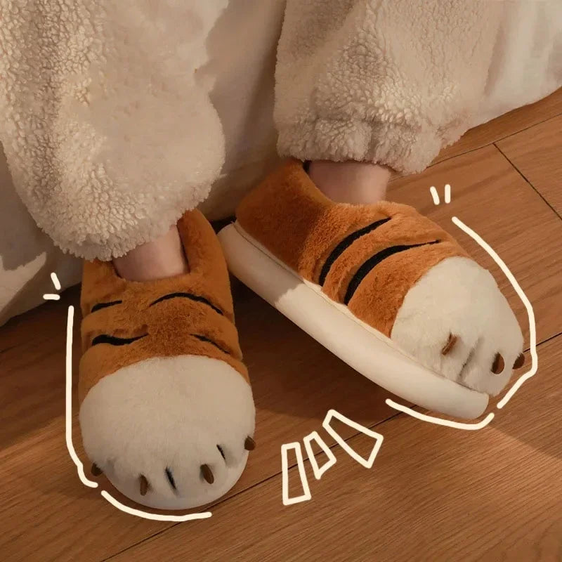 Chinelos de pelúcia engraçados da pata do tigre para mulheres, pele fofa, plana, antiderrapante, difusa, animais kawaii, quente, inverno, fofo