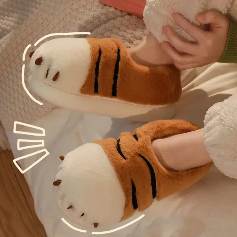 Funny Tiger Paw Plush Slippers for Women Fluffy Fur Flat Non-slip Fuzzy Kawaii Animals Warm Winter Cute Slippers 