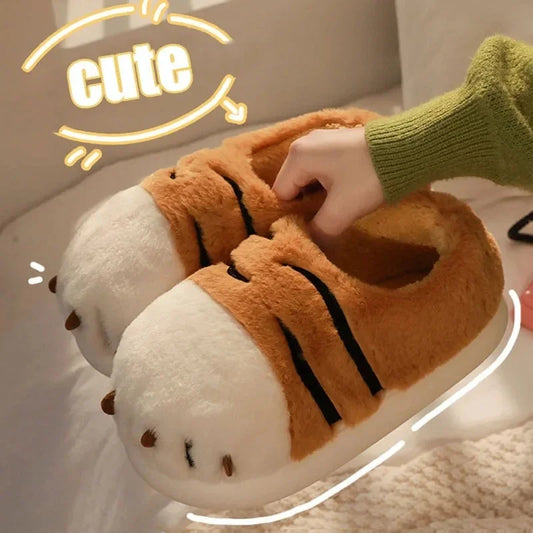 Pantuflas de felpa con forma de pata de tigre para mujer, suaves, planas, antideslizantes, con animales kawaii, cálidas y bonitas para invierno. 
