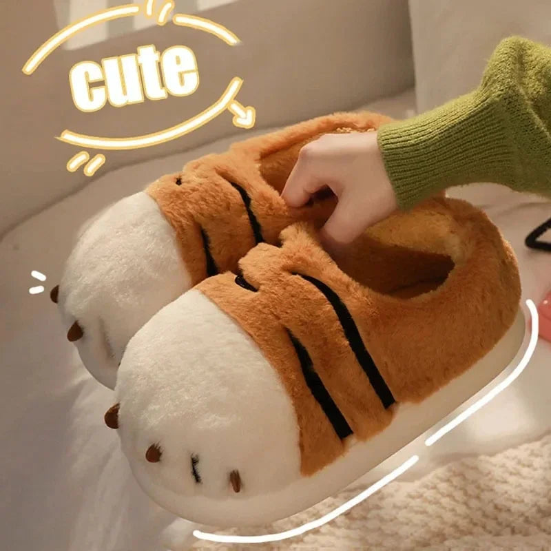 Funny Tiger Paw Plush Slippers for Women Fluffy Fur Flat Non-slip Fuzzy Kawaii Animals Warm Winter Cute Slippers 