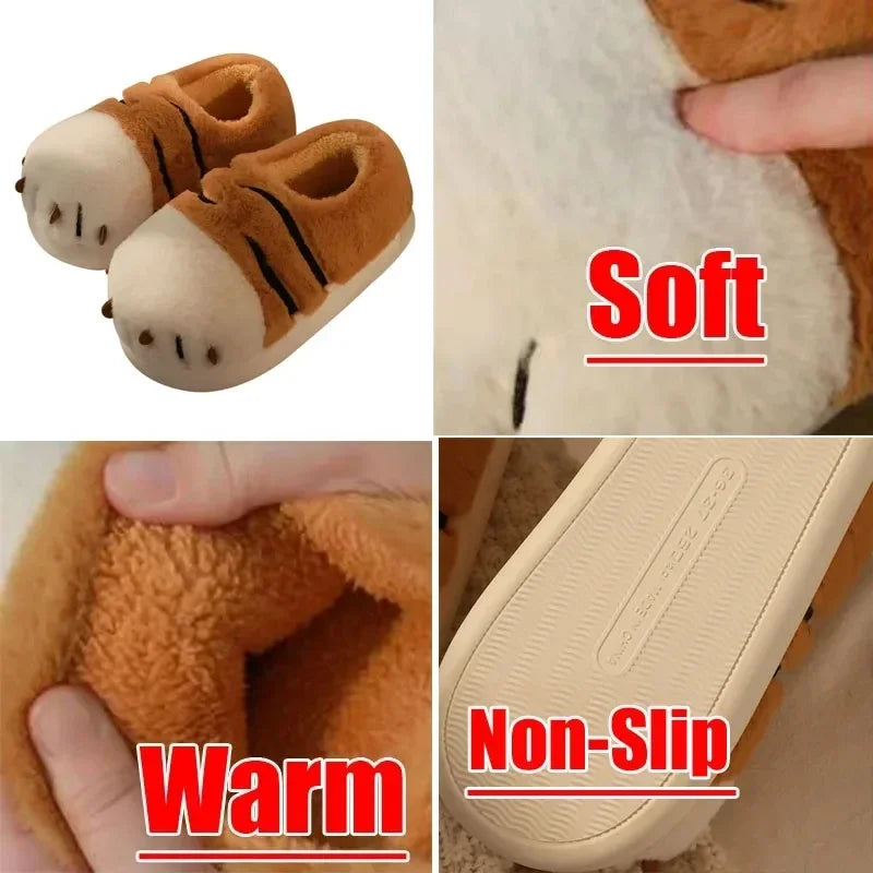 Funny Tiger Paw Plush Slippers for Women Fluffy Fur Flat Non-slip Fuzzy Kawaii Animals Warm Winter Cute Slippers 