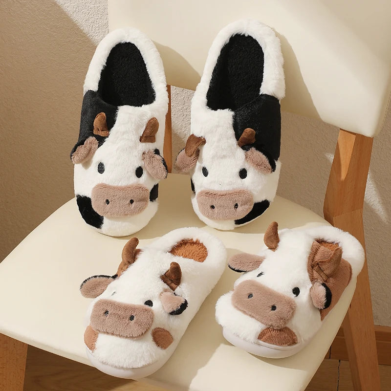 Chinelos de pelúcia quente de vaca unisex dos desenhos animados, slides internos antiderrapantes para casal, sapatos de algodão em casa, toe wrap, novo, inverno