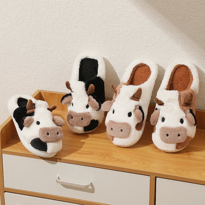 Chinelos de pelúcia quente de vaca unisex dos desenhos animados, slides internos antiderrapantes para casal, sapatos de algodão em casa, toe wrap, novo, inverno