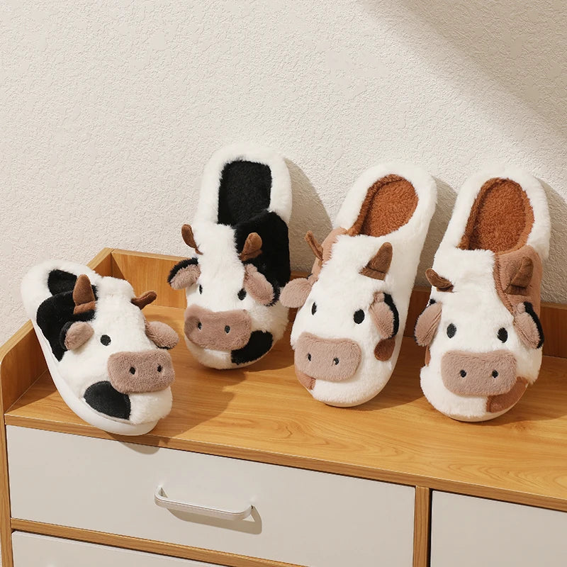 Unisex Cartoon Cow Warm Plush Slippers Non-slip Indoor Slides Couple Home Cotton Shoes Toe Wrap New Winter 