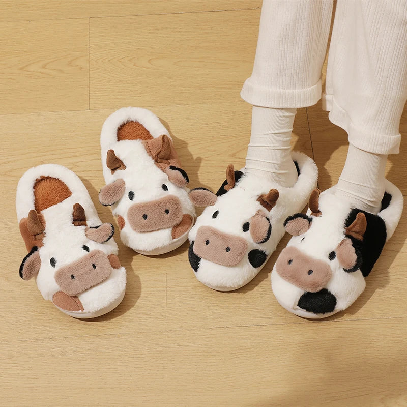 Chinelos de pelúcia quente de vaca unisex dos desenhos animados, slides internos antiderrapantes para casal, sapatos de algodão em casa, toe wrap, novo, inverno