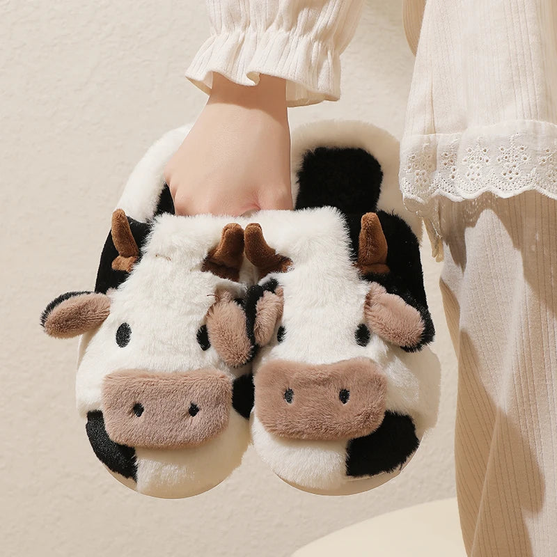 Unisex Cartoon Cow Warm Plush Slippers Non-slip Indoor Slides Couple Home Cotton Shoes Toe Wrap New Winter 