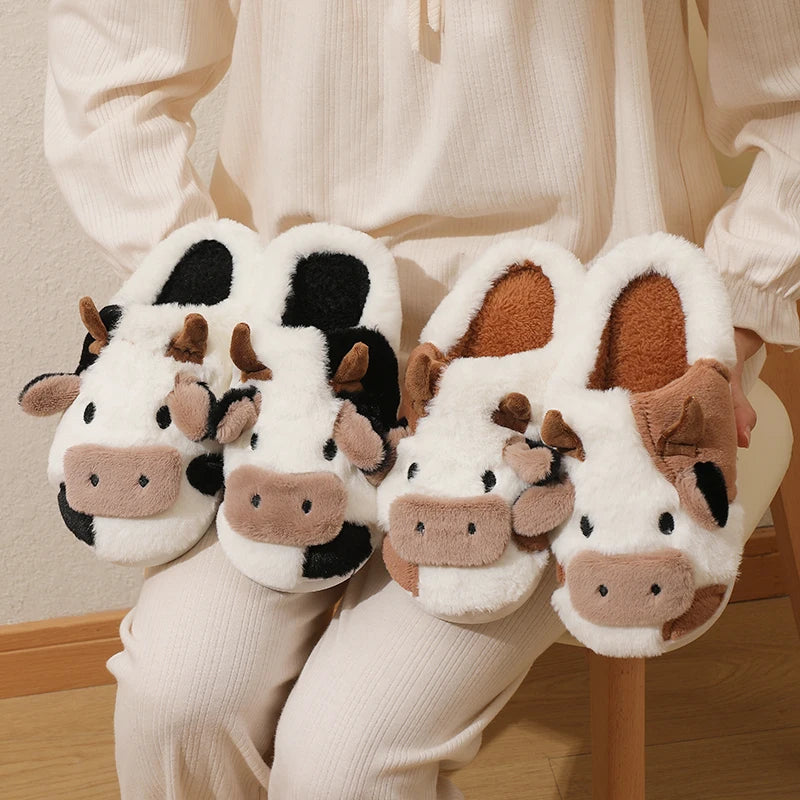 Unisex Cartoon Cow Warm Plush Slippers Non-slip Indoor Slides Couple Home Cotton Shoes Toe Wrap New Winter 