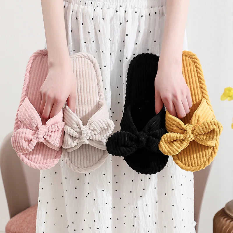 Pantuflas de terciopelo con lazo para mujer, suaves e informales, para otoño e invierno, con diseño de espiga, antideslizantes y ligeras de EVA. 