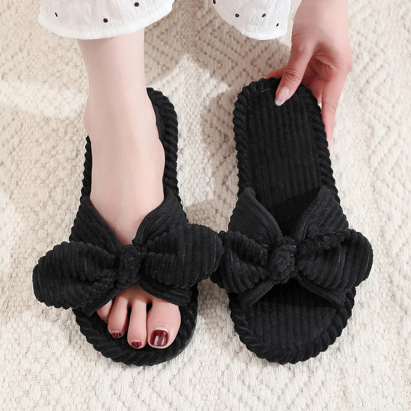 Women's Velvet Slippers With Bow Living Room Soft Casual Autumn Winter Slippers Silent Light EVA Non-slip Herringbone Slippers 