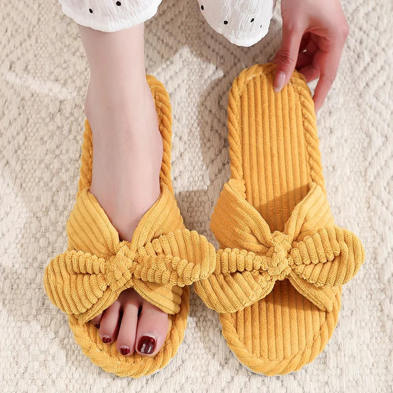 Women's Velvet Slippers With Bow Living Room Soft Casual Autumn Winter Slippers Silent Light EVA Non-slip Herringbone Slippers 