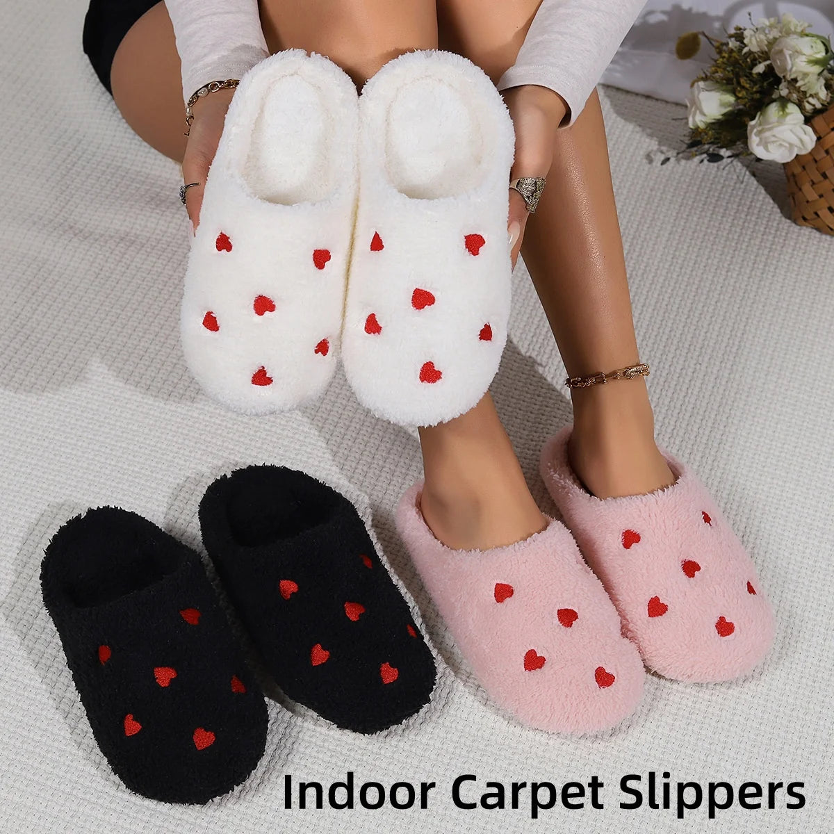 Love Heart Shaped Slippers for Women Soft Mute Shoes Indoor Comfortable Silent Carpet Lightweight Living Room Winter Cute 