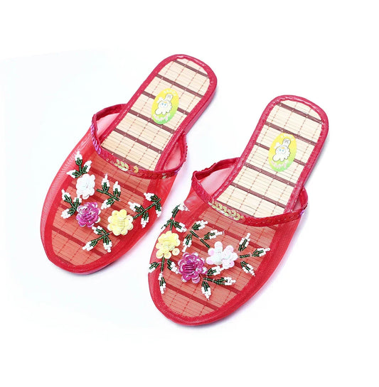 Chinelos florais de malha chinesa para mulheres, apartamentos slip-on, mocassins flip flop, slides, mulas