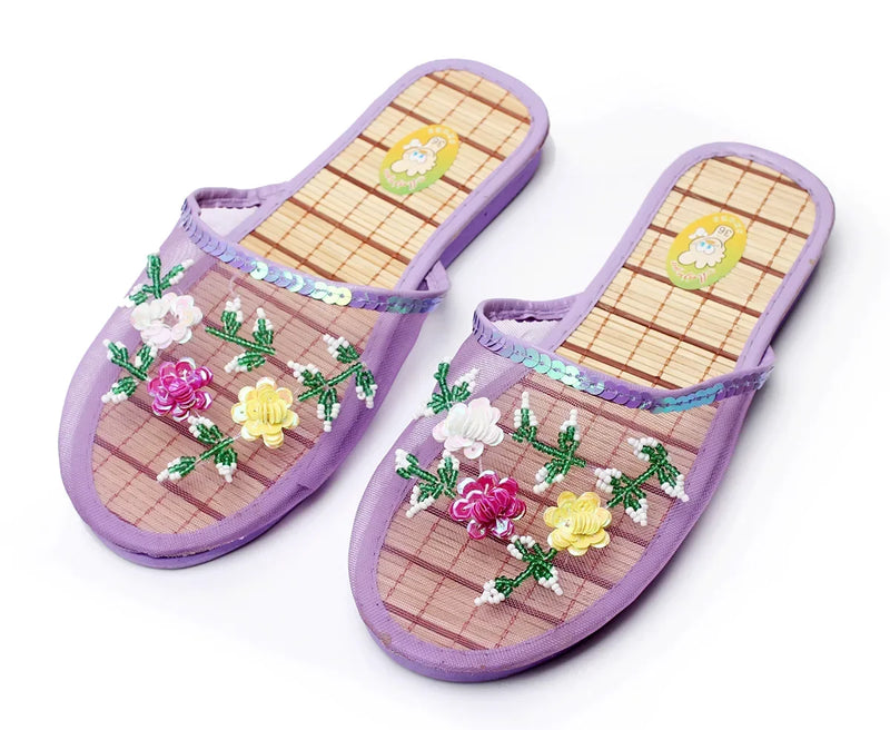Chinese Knitted Floral Slippers for Women, Slip-on Flats, Flip Flop Loafers, Slides, Mules 