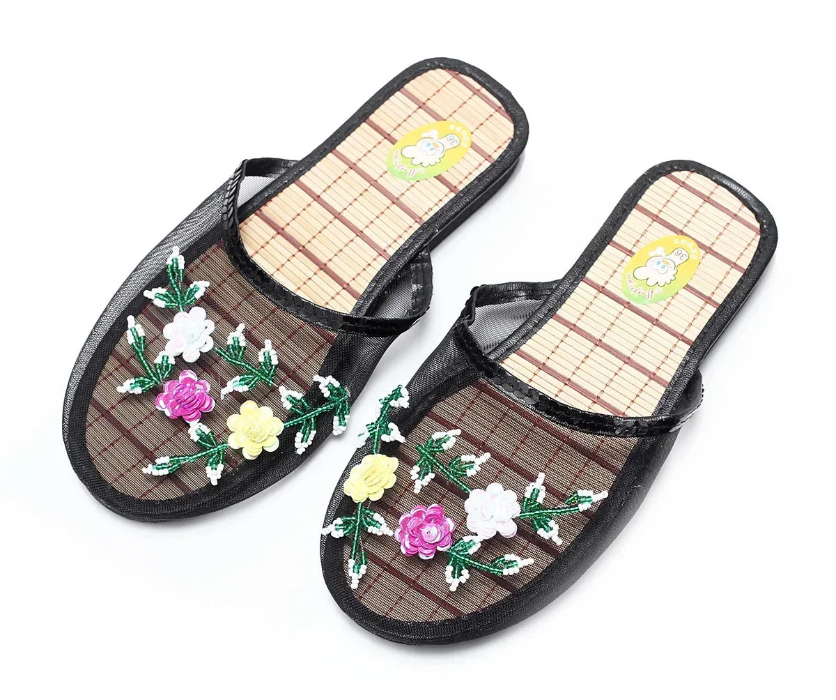 Pantuflas chinas de punto con flores para mujer, sin cordones, chanclas, sandalias y mules. 