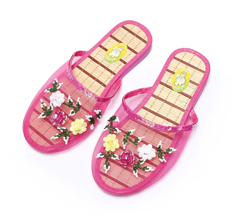 Chinese Knitted Floral Slippers for Women, Slip-on Flats, Flip Flop Loafers, Slides, Mules 