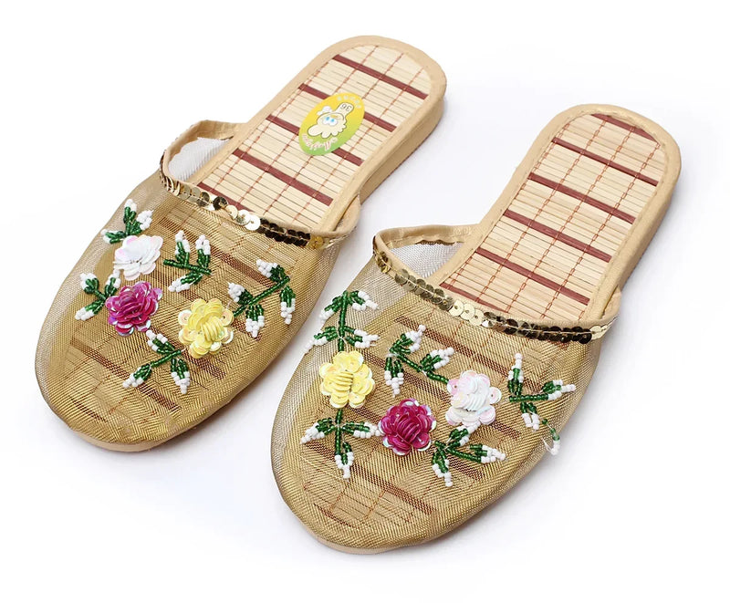Chinese Knitted Floral Slippers for Women, Slip-on Flats, Flip Flop Loafers, Slides, Mules 