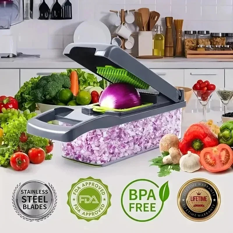 Picadora de verduras multifuncional con mango, rallador, rebanadora de verduras, cortadora de cubos, cortadora de utensilios de cocina, 14 en 1, 16 en 1 