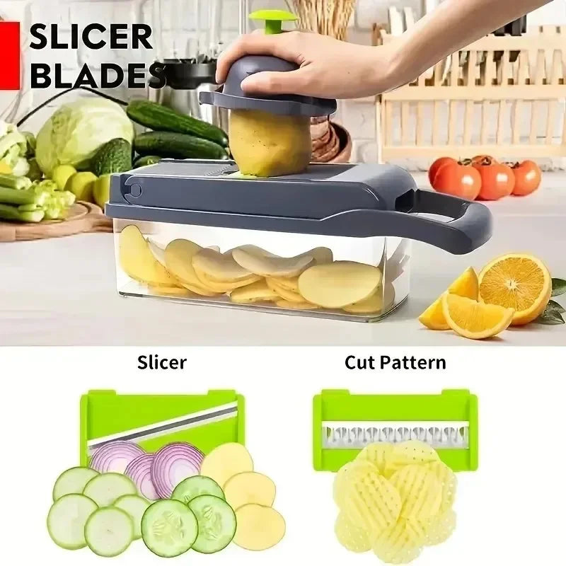 Picadora de verduras multifuncional con mango, rallador, rebanadora de verduras, cortadora de cubos, cortadora de utensilios de cocina, 14 en 1, 16 en 1 