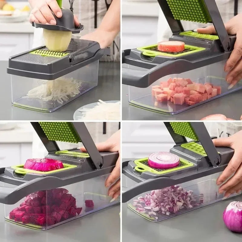 Picadora de verduras multifuncional con mango, rallador, rebanadora de verduras, cortadora de cubos, cortadora de utensilios de cocina, 14 en 1, 16 en 1 