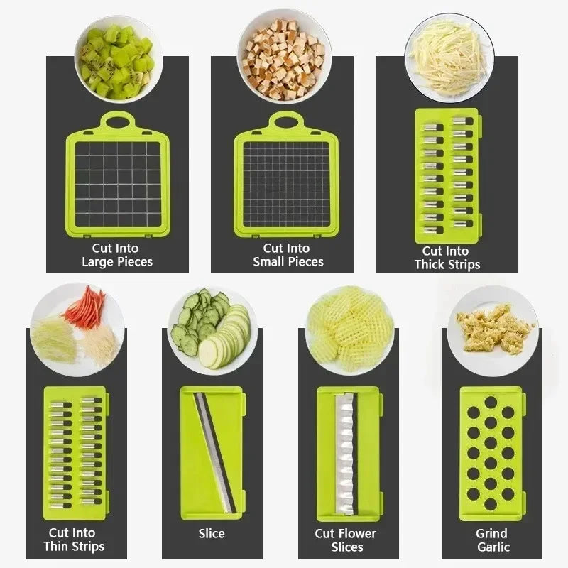 Picadora de verduras multifuncional con mango, rallador, rebanadora de verduras, cortadora de cubos, cortadora de utensilios de cocina, 14 en 1, 16 en 1 