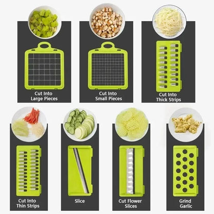 Picadora de verduras multifuncional con mango, rallador, rebanadora de verduras, cortadora de cubos, cortadora de utensilios de cocina, 14 en 1, 16 en 1 