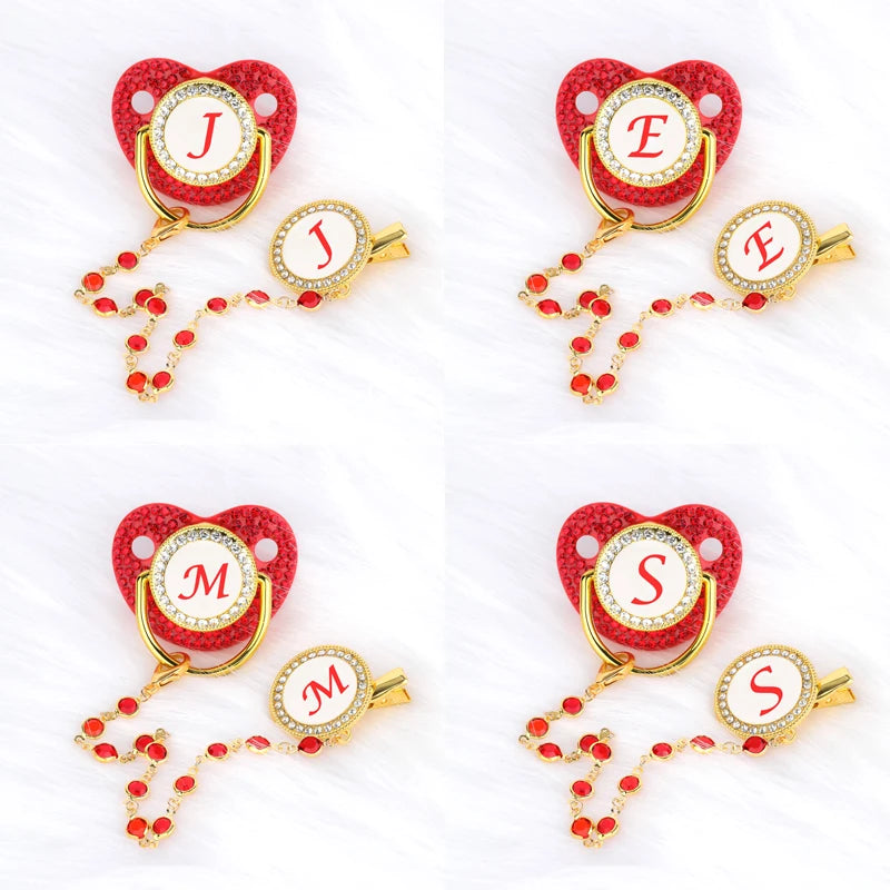 Personalized Baby Pacifier Clip Red Zircon Silicone Infant Teether Bpa Free Luxury Teether Newborn Holder 26 Letters 