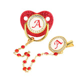 Personalized Baby Pacifier Clip Red Zircon Silicone Infant Teether Bpa Free Luxury Teether Newborn Holder 26 Letters 