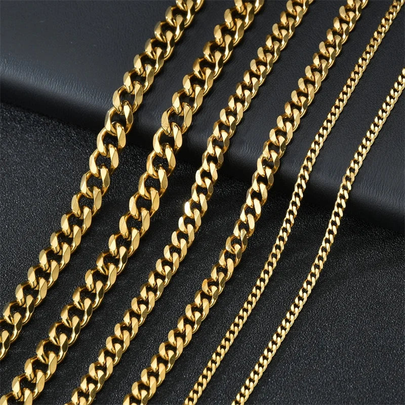 Colares cubanos de aço inoxidável para homens e mulheres, gargantilha de corrente de ouro preto, jóias de metal sólido, punk básico, 3mm, 5mm, 7mm