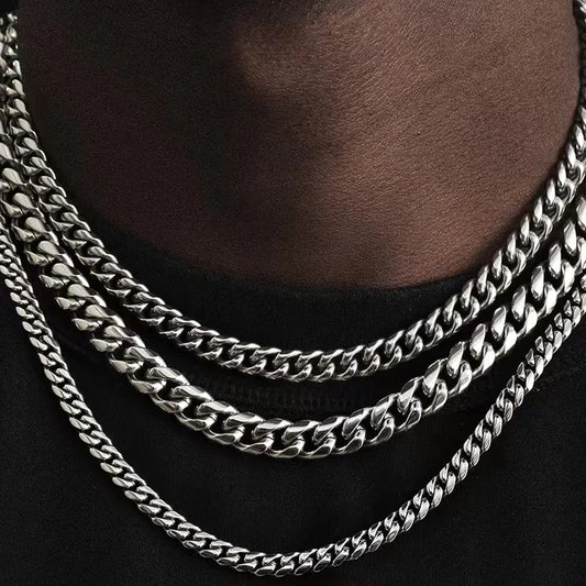 Colares cubanos de aço inoxidável para homens e mulheres, gargantilha de corrente de ouro preto, jóias de metal sólido, punk básico, 3mm, 5mm, 7mm