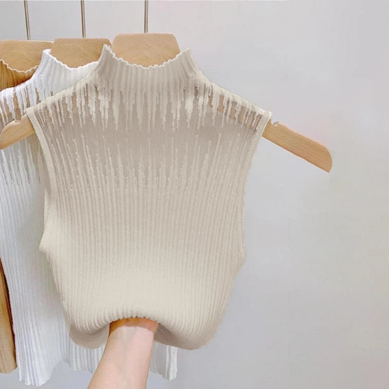 Women's Korean Knitted Half High Neck Vest Summer Sleeveless Solid Color Thin Tank Top 